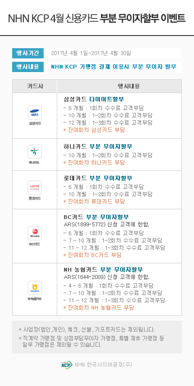 [웹드로우] 2017년4월 카드사 무이자할부 이벤트 안내